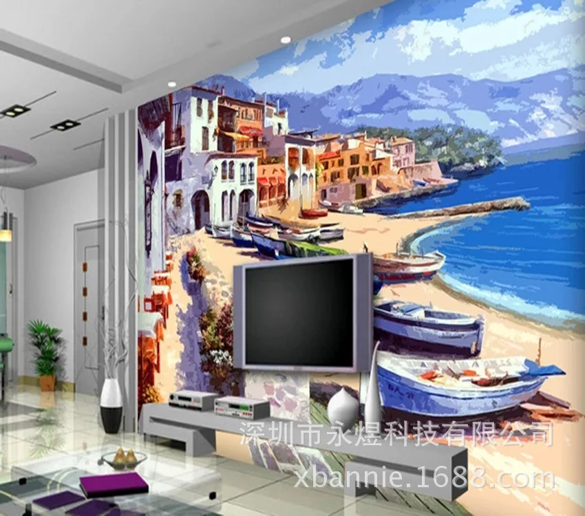 High-definition Woodcut Effect Europe Style Harbor Decoration Mural Living Room Sofa Seamless TV Backdrop Wallpaper |