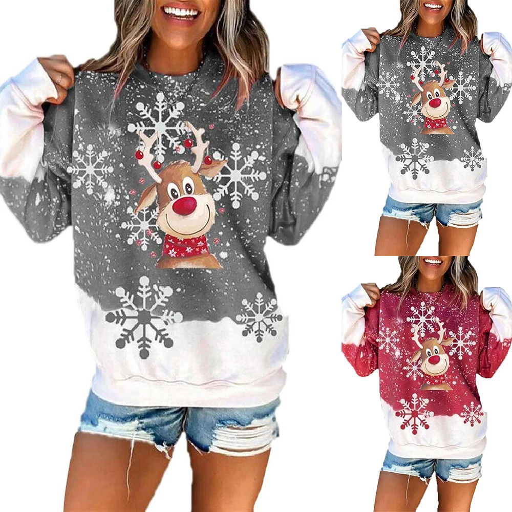 

Chrismas Sweatshirts Womens Long Sleeve Elk Print Pullover Casual Loose Jumper Fashion 2021 Casual Female Tops Hot Sale