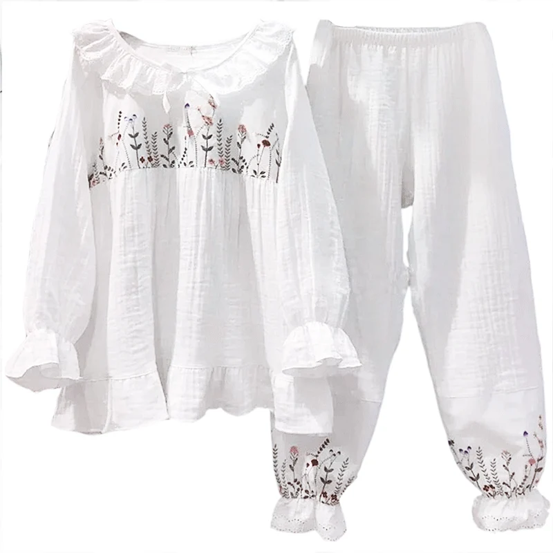 

Cotton Women's Pajamas Spring/Autumn Round Neck White Long Sleeve Embroidery Nightwear Sweet Princess Style Homewear 2-Piece Set