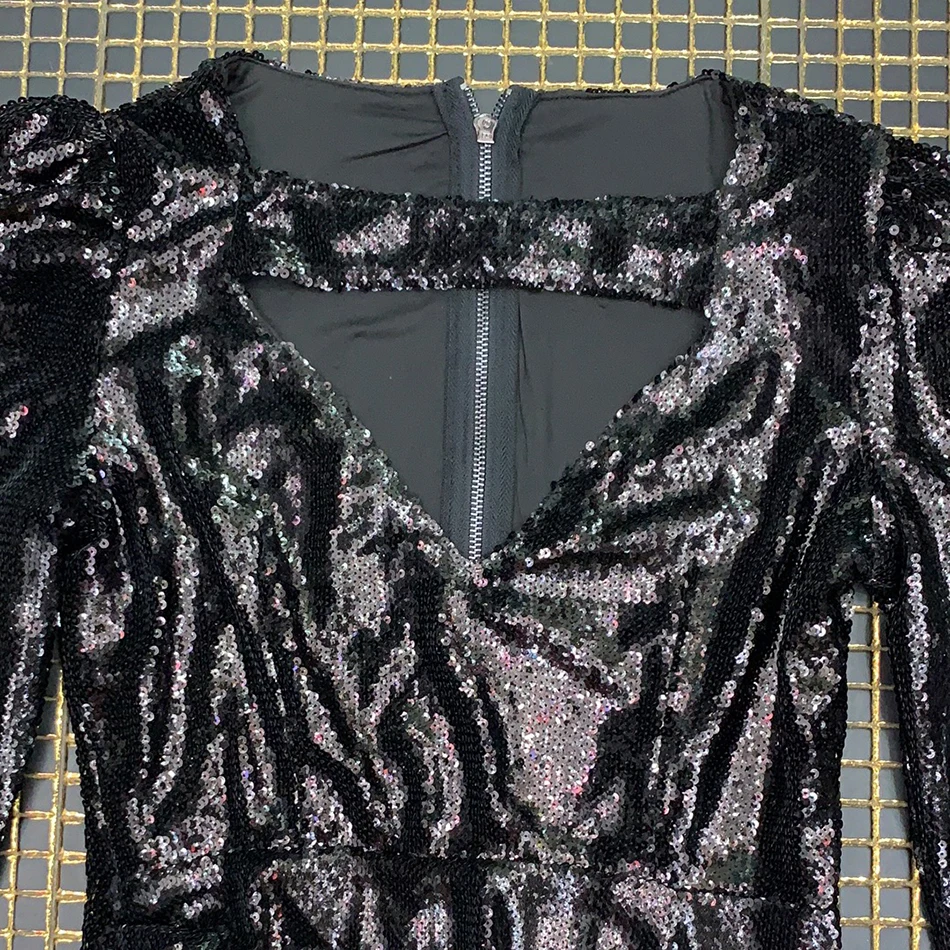 

2020 New High Street Women's Black Sequin Dress Sexy Hollow V-neck Bubble Long Sleeve Drap Club Party Bodycon Mini Dress Vestido