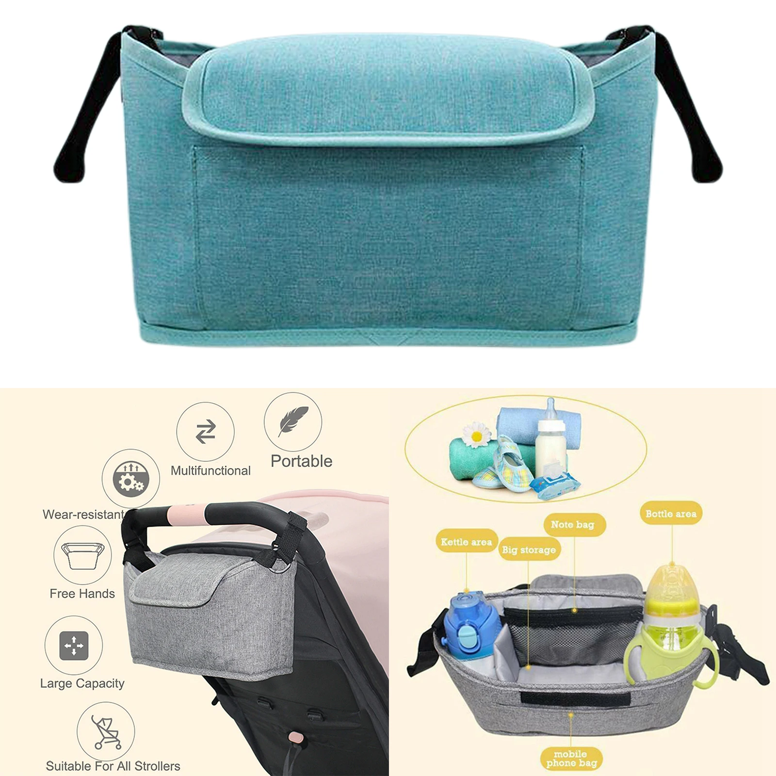 

Baby Pram Organizer Bag Buggy Hanging Diaper Bag Stroller Cup Holder, Easily Attached to Most Stroller Handles