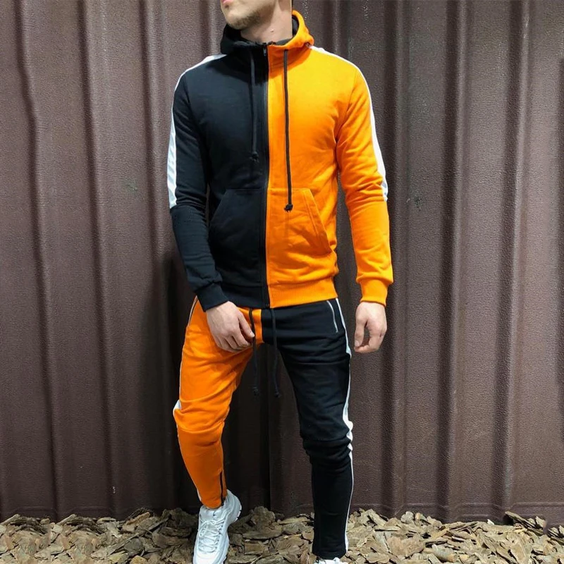 

New fitness sportswear men's European and American style two-color splicing tops and pants suits men's fashion zipper hoodies