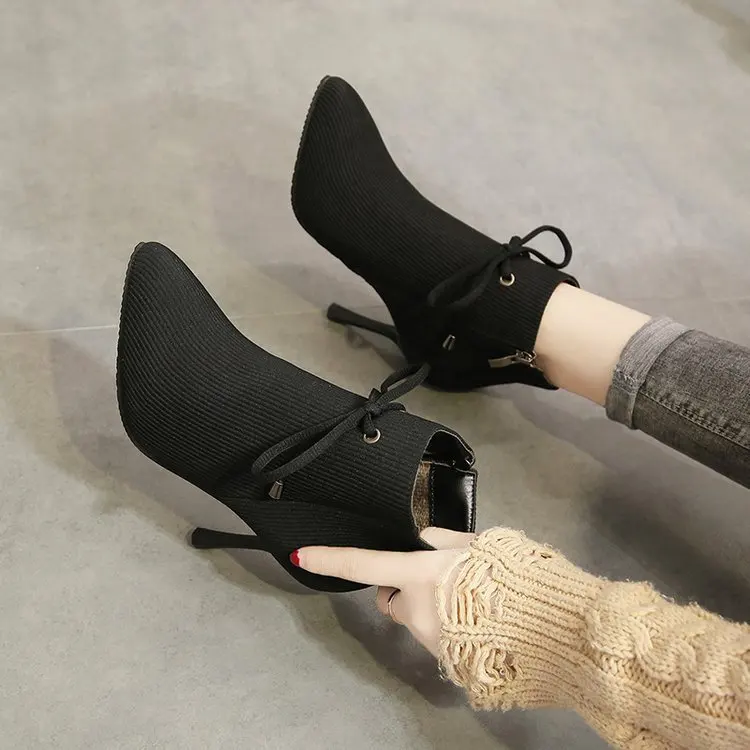 

Women Boots Corduroy Butterfly-knot Boots Sexy High Heels Party Shoes Winter plus velvet Keep Warm Female Boots