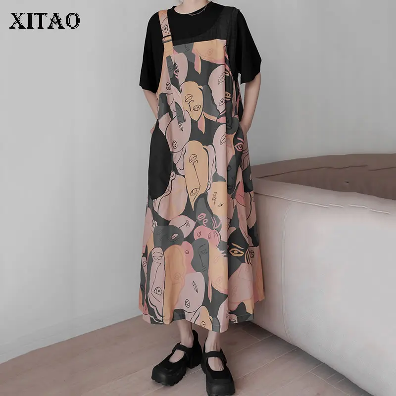 

XITAO/летнее платье на подтяжках с абстрактным мультяшным принтом; Новинка; Модное повседневное свободное женское платье с круглым вырезом; К...