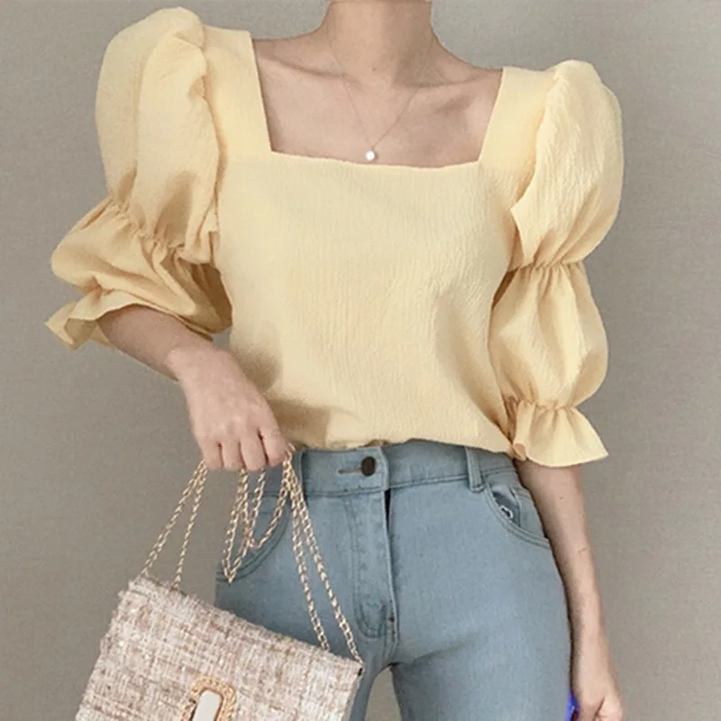 

Korean Chic French Gentle Slimming Square Collar Exposed Clavicle Top Design Pleated Puff Sleeve Chiffon Shirt T Shirt Women