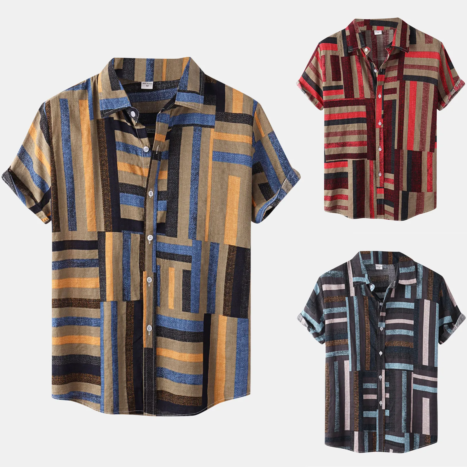 

Летняя полосатая Льняная мужская рубашка, повседневные Гавайские рубашки с коротким рукавом, тонкая рубашка с отложным воротником, мужское...