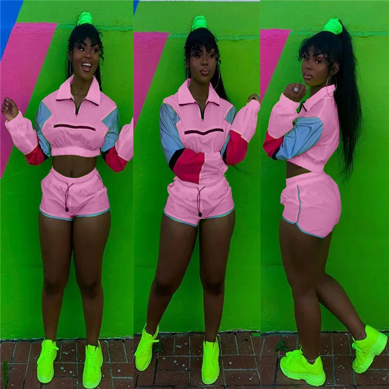 Women's Tracksuit Two Piece Set Long Sleeve Turn-down Collar Crop Top and Biker Shorts Casual Sweat Suit Jogger 2 Piece Outfits