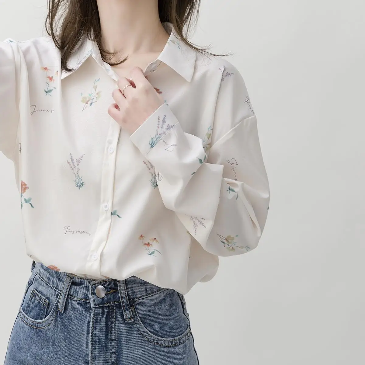 

Autumn Simple Women White Printed Shirt Spring Lapel Long Sleeve Chiffon Blouse Office Lady Female Single Breasted Shirts Top