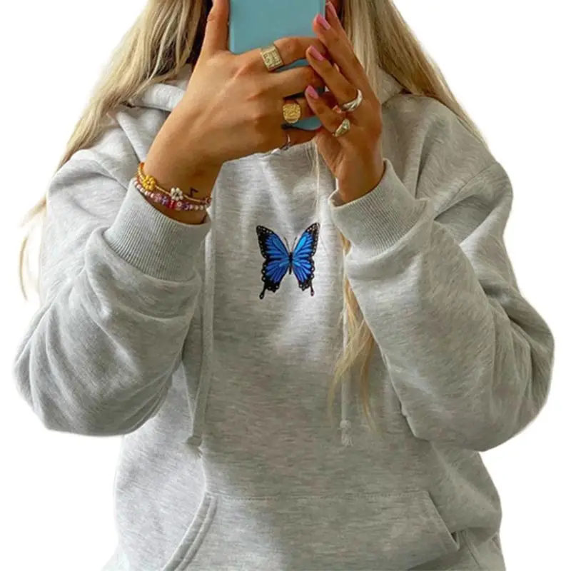 

Женский Свободный свитшот с вышивкой бабочки, толстовки с длинным рукавом и кулиской, пуловер в стиле Харадзюку в стиле хип-хоп, топы, улична...