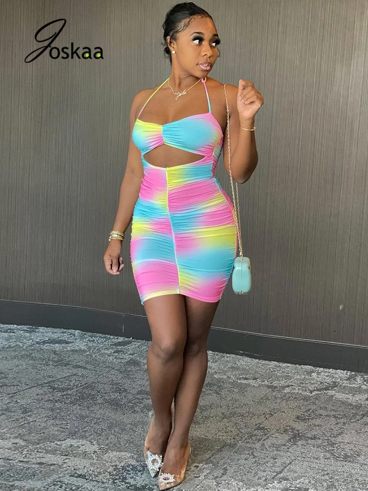 

Joskaa Rainbow Printed Dresses Women Strap Summer Elegant Sexy Outwear Club Party Night Sheath Fitness Streetwear 2021 Clothes