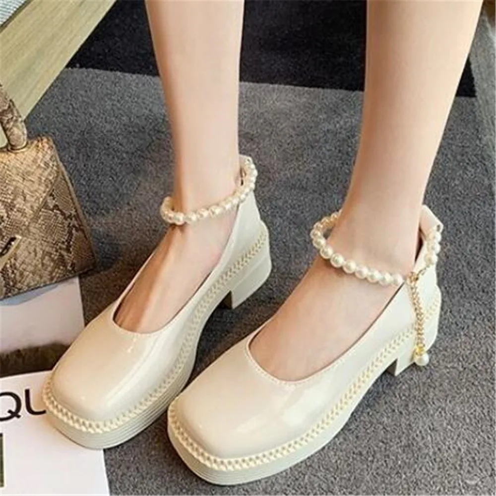 

British Women's Small Leather Shoes 2021 Spring Summer Retro Shallow Mouth Mary Jane Shoes Female Fashion Pearl JK Single Shoes