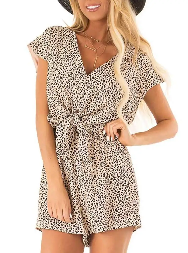 

Womens Summer Short Sleeve V Neck Knot Tie Front Short Jumpsuit Rompers