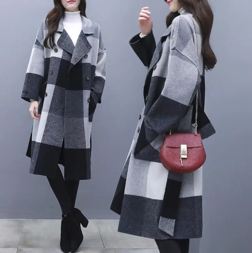 Женское длинное шерстяное пальто свободный шерстяной Тренч контрастных цветов