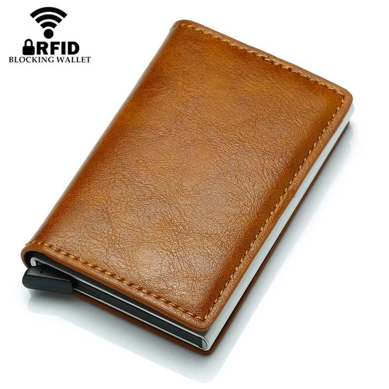 

BISI GORO Men Wallet Blocking Rfid PU Leather Vintage 2020 Credit Card Holder Unisex Antitheft Security Aluminum Metal Purse