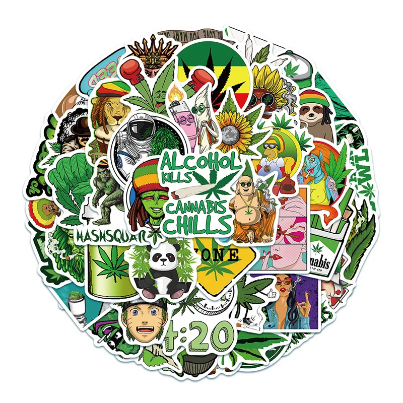 

50pcs Hemp Leaf Stickers Decals Waterproof Helmet Luggage Notebook Laptop Suitcase Car Skateboard Decoration Graffiti Sticker