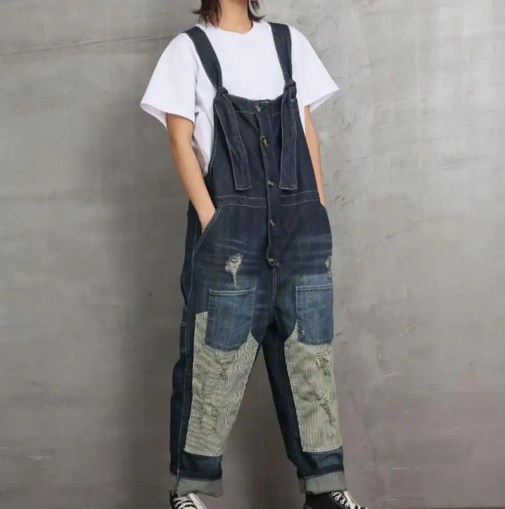 

Retro Distressed Washed Contrast Color Stitching Denim Overalls 2020 New Low-crotch Hole Loose Casual Jumpsuit