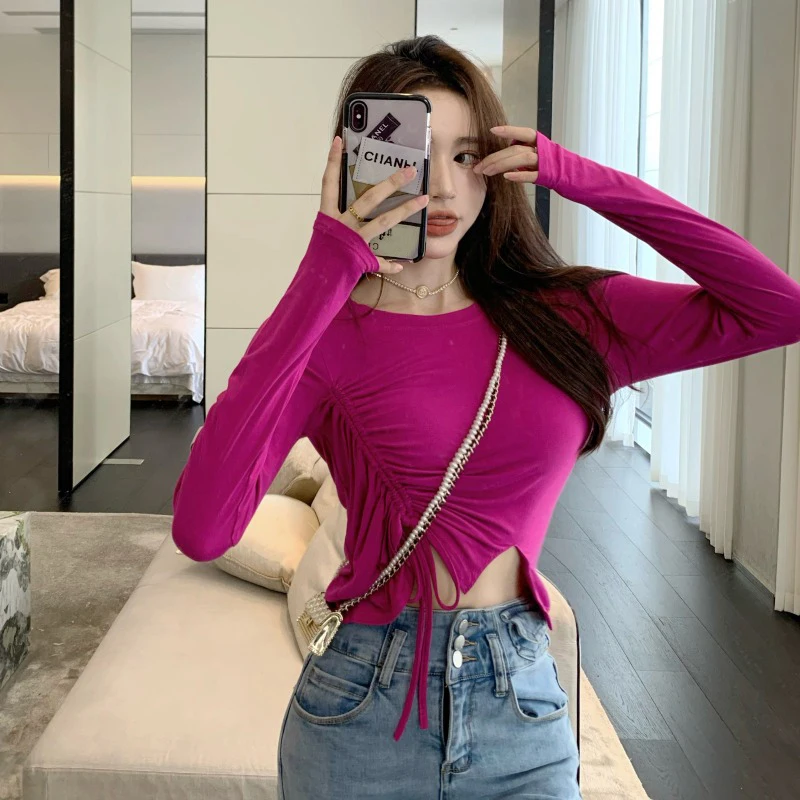 

White Woman Tshirts New Fashion Korean Style Slim Spring Autumn Crop Top Long Sleeve Female Clothing Asymmetric O-neck Tees