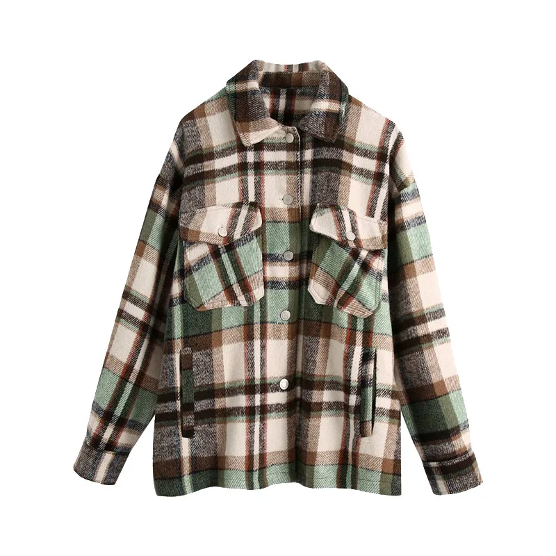 

ZCSMLL Women 2021 Fashion Oversized Plaid Jacket Coat Vintage Long Sleeve Pockets Female Outerwear Chic Tops