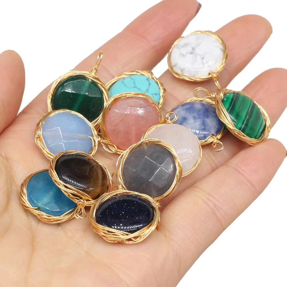 

Natural Stone Gem White Turquoise Round Copper Wire Pearl Pendant DIY Necklace Earring Jewelry Accessories Gift Making