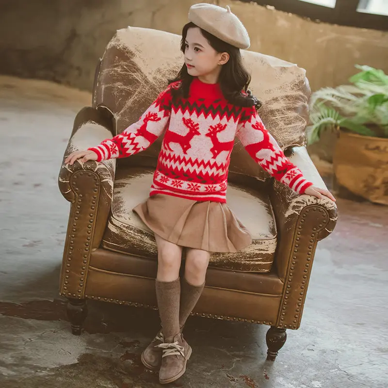Детский свитер с оленем Новогодняя одежда для маленьких девочек облегающая