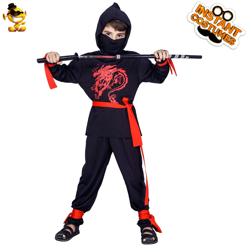 Черный костюм ниндзя с капюшоном и принтом красного дракона маскарадный для