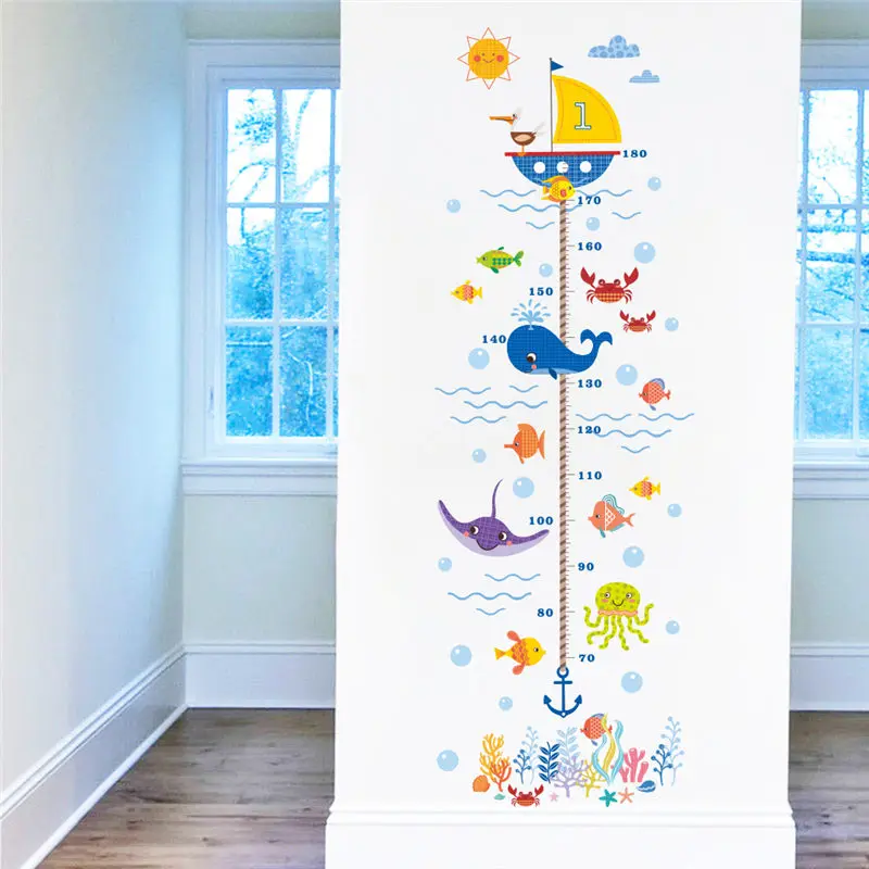

Cartoon Height Measure Wall Sticker for Kindergarten Kids Room, Animal Mural Art PVC Decal, Whale and Fish, Home Decor