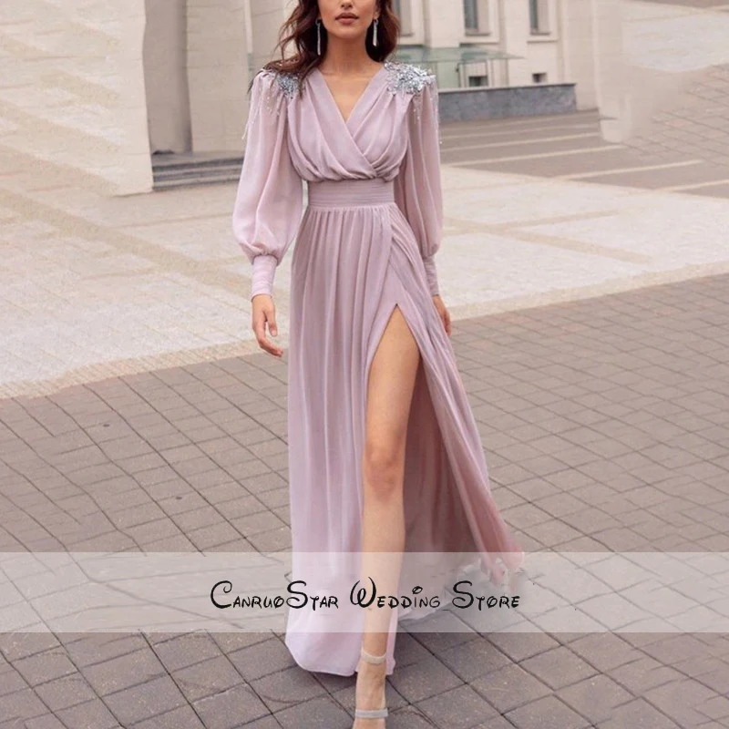 

Gentle Pink Chiffon Formal Party Evening Dresses Arabic Appliques Long Sleeves V Neck Slit Prom Dresses 2020 Celebrity Dresses