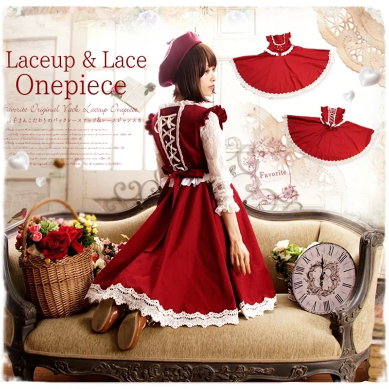 

Japanese Autumn and Winter Forest Female Selection Niche Lace Stitching After The Tie Little Red Riding Hood Series Female Dress