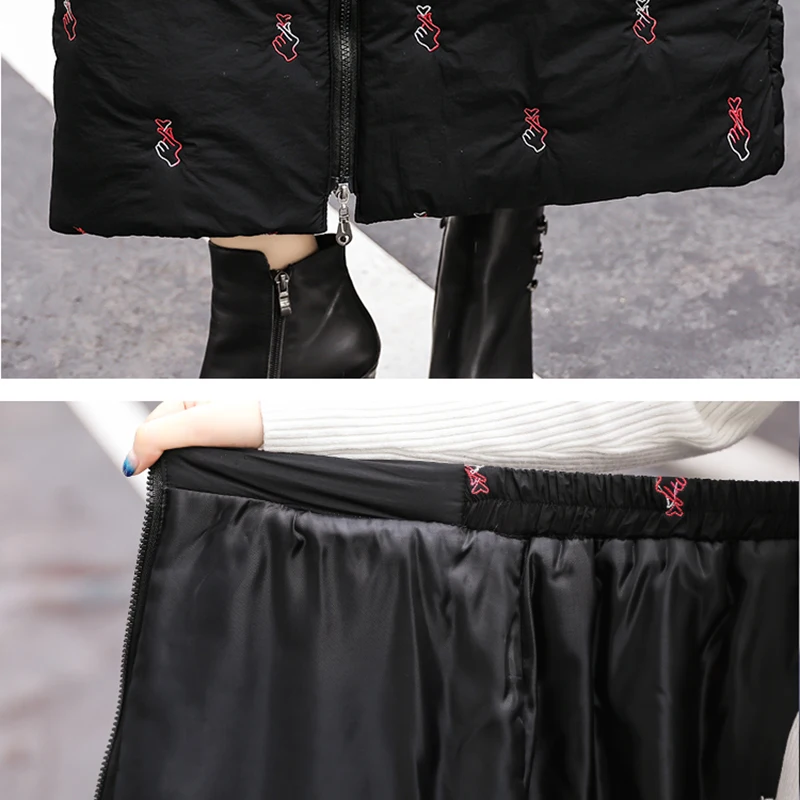 

Elastic High Waist Warm Down Cotton Embroidery Women Maxi Skirt Winter 2019 Fashion Thicken Long Pencil Skirts With Pocket Femme