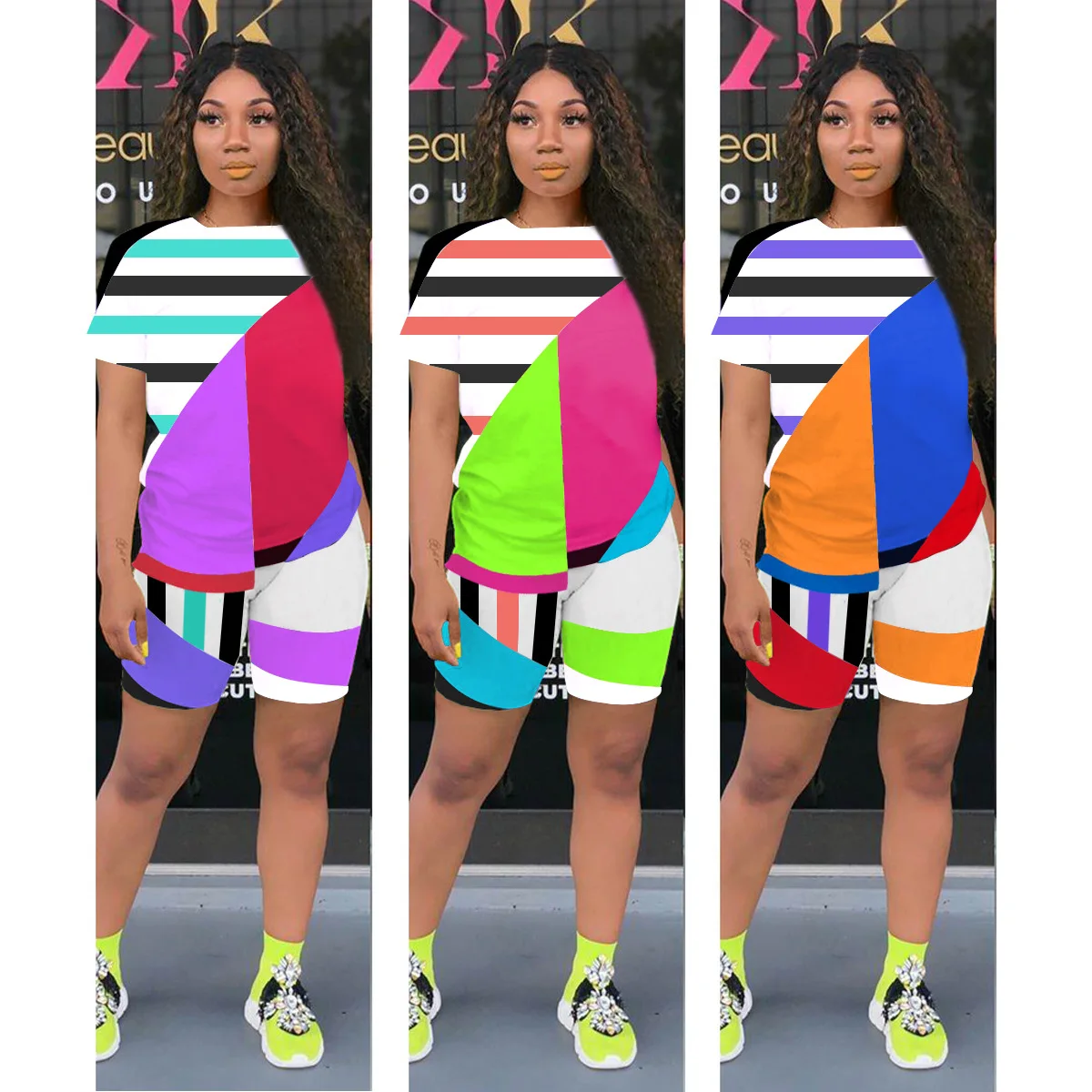 

Women Casual Striped Geometric Print Top and Middle Pants Set Sports 2 Pcs Outfit Set for Women Ladies