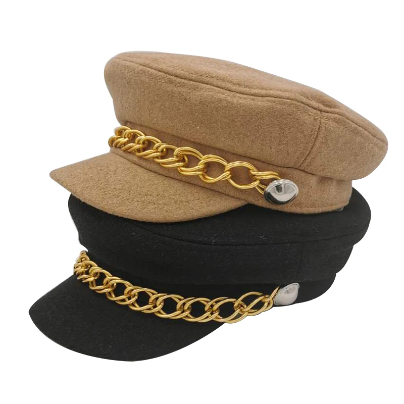Кепка-берет Женская восьмиугольная однотонная теплая с золотыми цепочками |