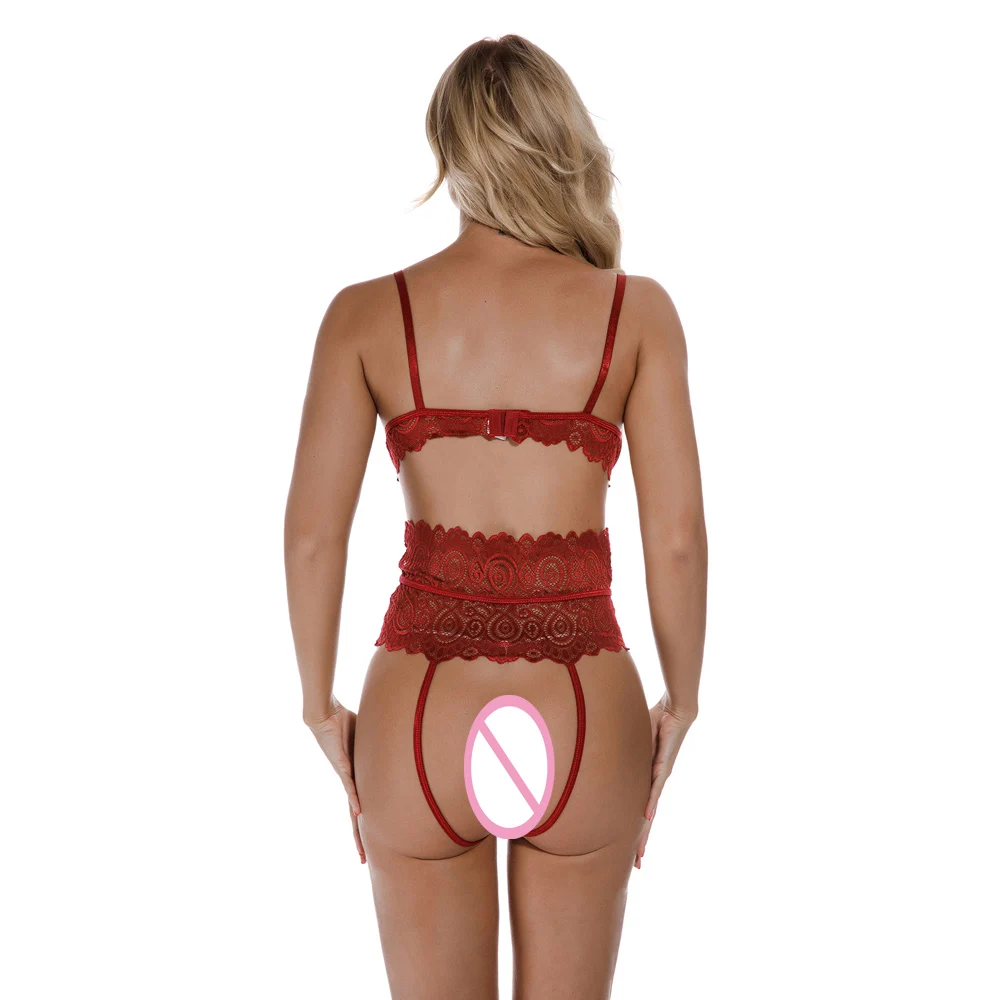 

Women Sexy Perspective Lingerie V-neck Sleeveless Lace See-through Erotic Underwear Intimate sexy Teddies Sleepwear Costume 2021