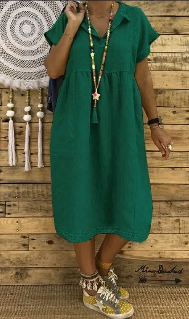 

2021 Women Sundress Long linen Dresses Female Summer Casual Dress Short Sleeve solid Color Loose Plus Size cotton dress Vestidos