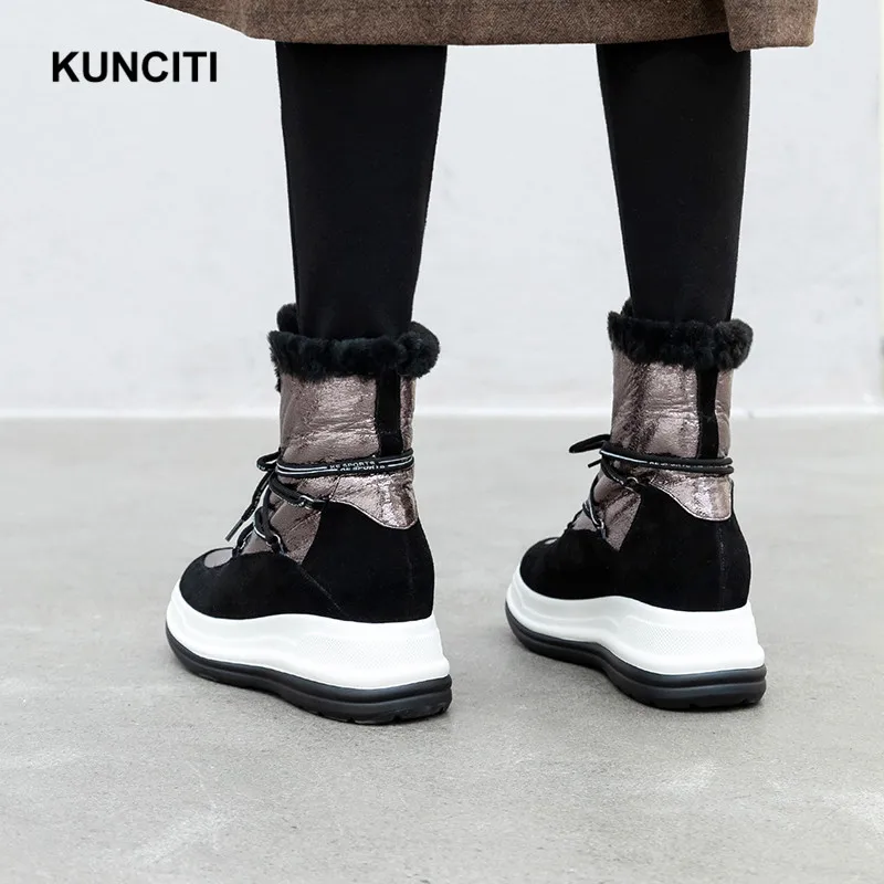 KUNCITI/; зимняя обувь; женские зимние ботильоны на шнуровке; ботинки из натуральной кожи на танкетке; модная дизайнерская теплая обувь на меху; D9182