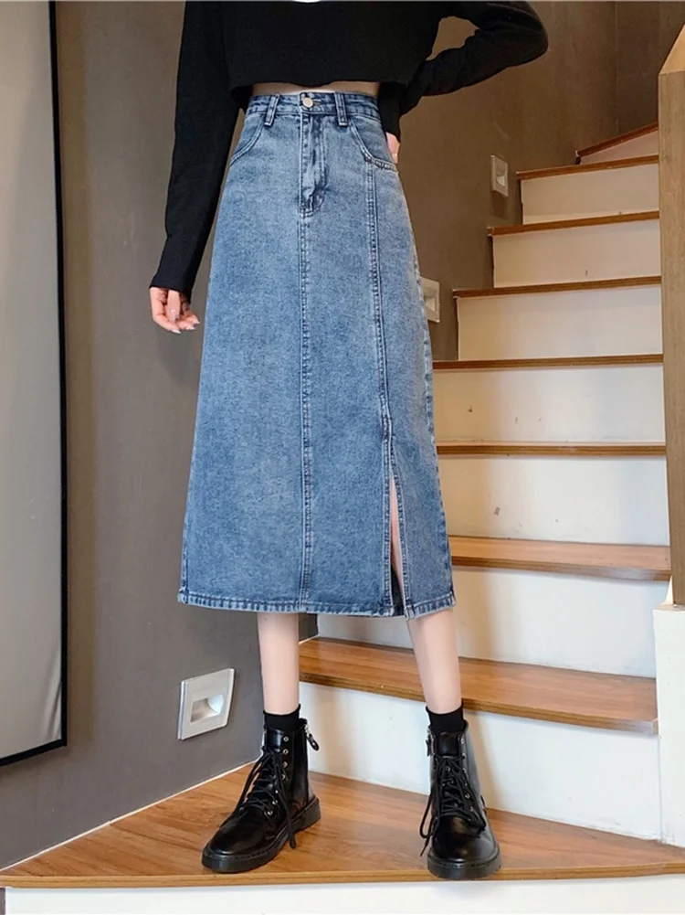 

Summer Small Korean Skirt Women's Summer Small New High Waist Slim Split Long A-line Skirt