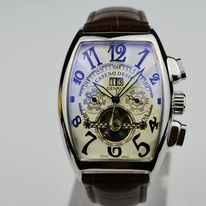 8 CASENO бренд Роскошный кожаный ремешок tourbillon Мужские механические часы дропшиппинг день Дата Скелет Мужские часы с автоматическим подзаводом подарки - Цвет: 8