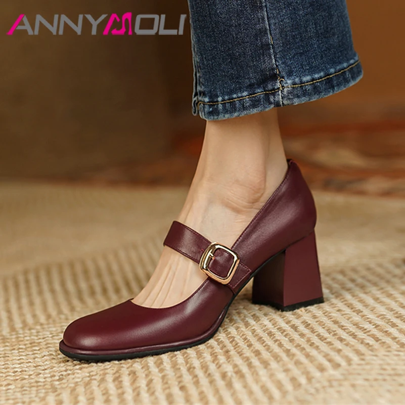 

ANNYMOLI Spring Mary Janes Shoes Women Genuine Leather Chunky Heels Pumps Square Toe Buckle Strap High Heel Spring Footwear Red