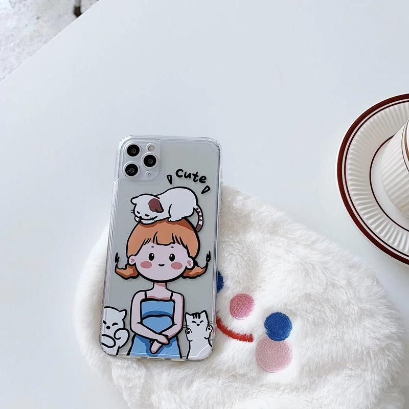 

for iPhone 12 Case Luxury TPU Full Protection Soft Cover Cute Cat Girl Pattern for iPhone 12 Phone Case