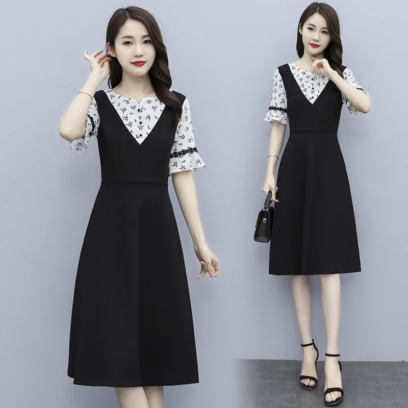 

Vintage Short Sleeve Patchwork Fake Two Dress Women Fashion Plus Size Clothes Female Elegant A-Line Dresses Ladies