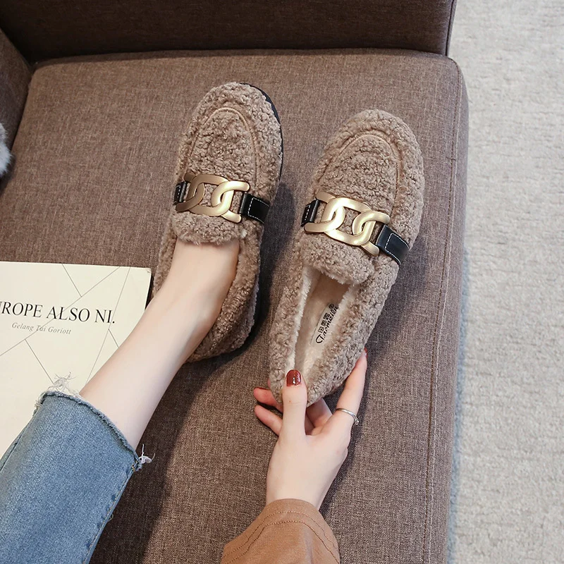 Metal Chic Chain Woolen Fur Moccasins Shoes Women Fleeces Loafers Winter Add Cashmere New Woman Plush Flats Plus Size 41-43