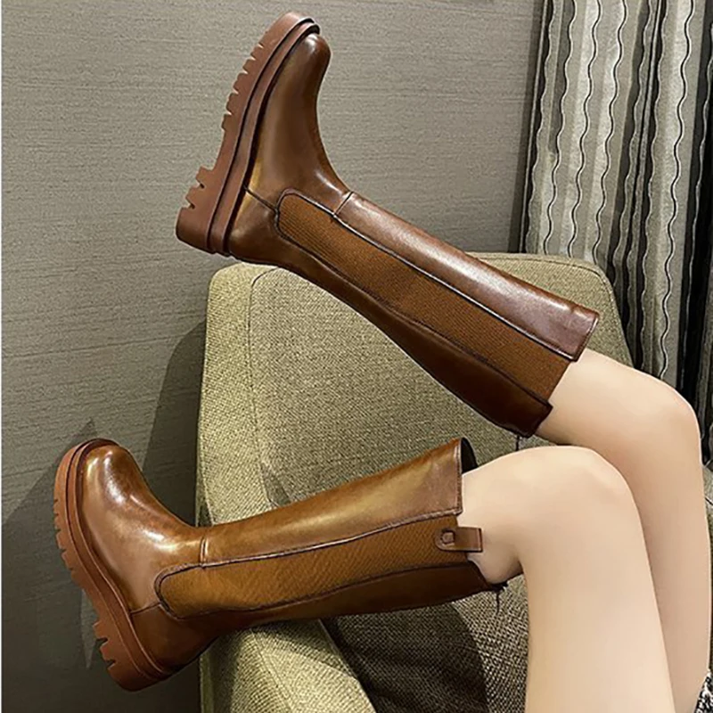New Women Knee High Boots Winter Luxury Chelsea Boots Platform Shoes Fashion Chunky Heel Long Boots Zipper Round Toe Women Shoes