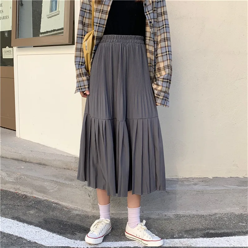 

Limiguyue Осенняя длинная Плиссированная юбка миди для женщин эластичная с высокой талией Лоскутная трапециевидная юбка Свободная винтажная с...