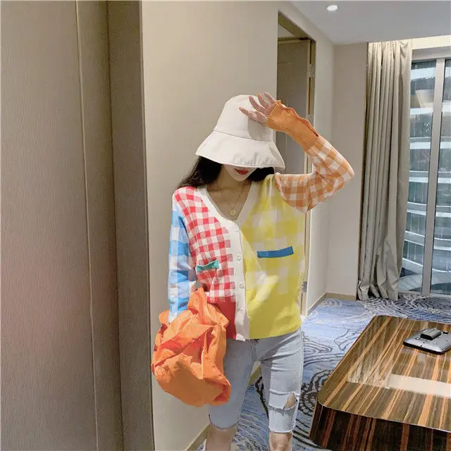 

Color matching rainbow plaid cardigan women's summer new foreign style color sweater top with v-neck ice silk coat