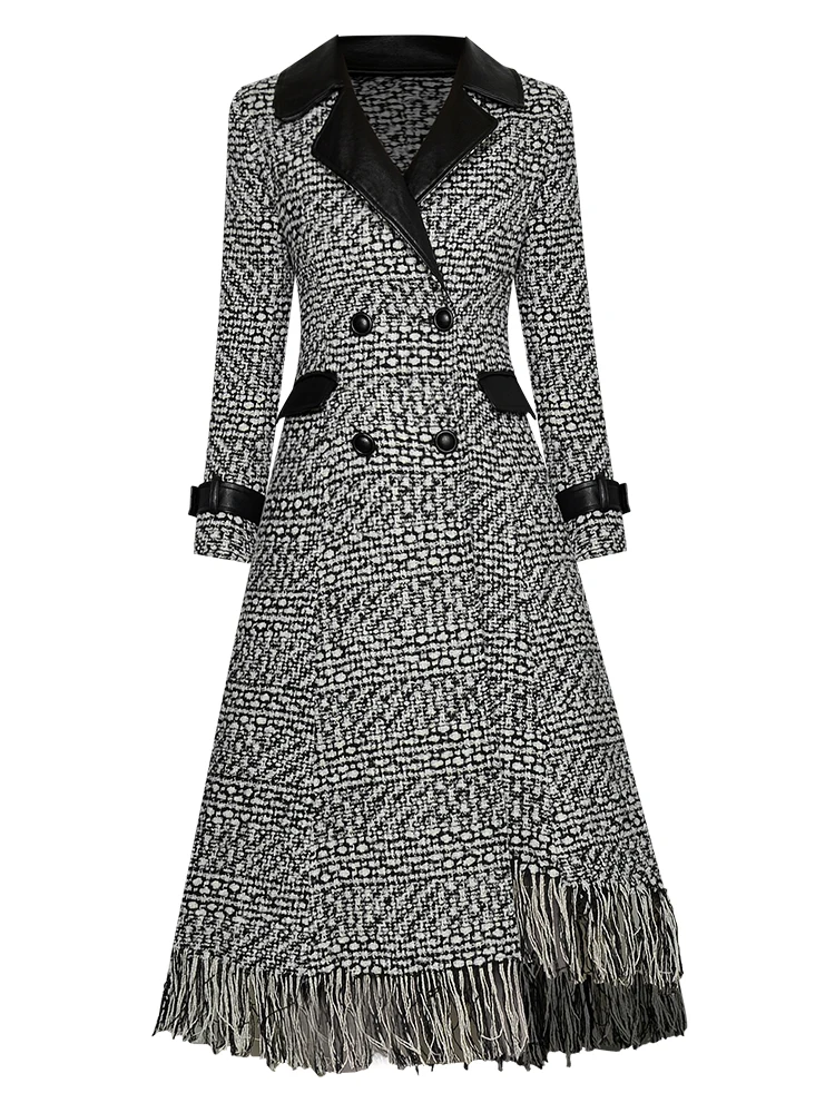 

Женское твидовое пальто Winner High 2021FW, длинное повседневное пальто из искусственной кожи с бахромой в стиле пэчворк, верхняя одежда Ydy