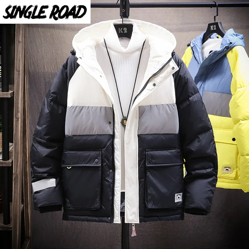 Single Road Mens Winter Down Jacket Men 2021 Korean Hooded Puffer Jacket Coat Male Patchwork Hip Hop Streetwear Parkas Men