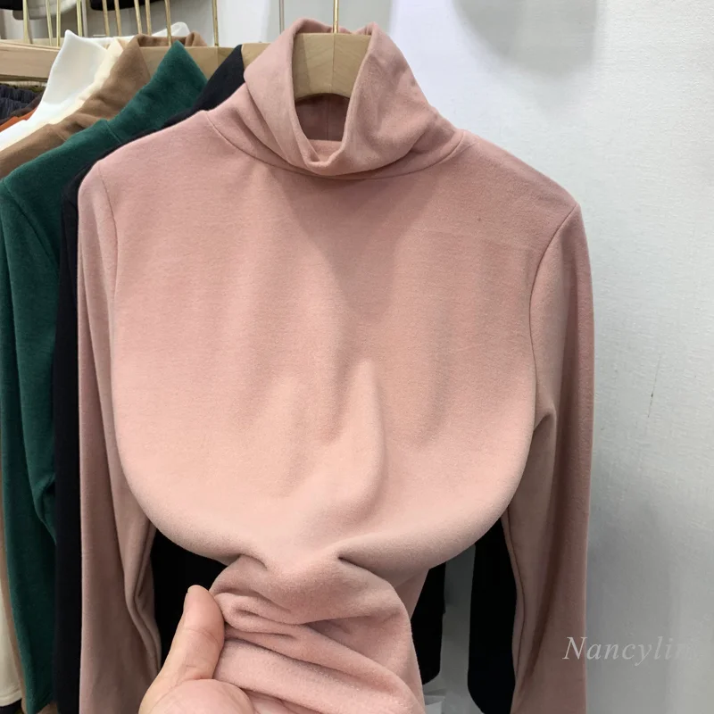 

Winter Fleece Lined Slimming Turtleneck Long Sleeve T-shirt Women 2021 Autumn and Winter Fit New Inner Wear Bottoming Shirt Top