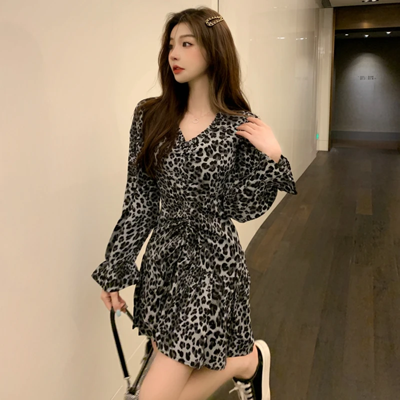 

Fashion Vintage Autumn Women's Dresses Sexy Leopard Print Long Sleeve Slim Female Skirt V-Neck Boho Mini Party Dresses 2021