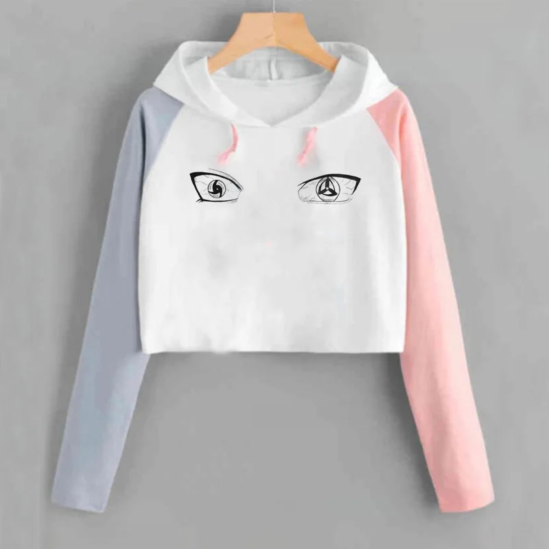 Harajuku аниме толстовки для женщин Наруто укороченная Толстовка Uchiha Uzumaki Hatake Eyes пуловер с рисунком толстовка хип хоп Уличная - Цвет: 15