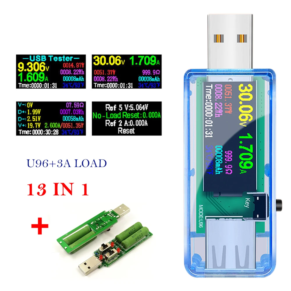 USB тестер U96 13 в 1 DC Цифровой вольтметр Амперметр измеритель напряжения тока