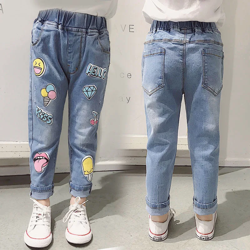 Джинсы для девочек детские весенние эластичные джинсы отдыха штаны с модным